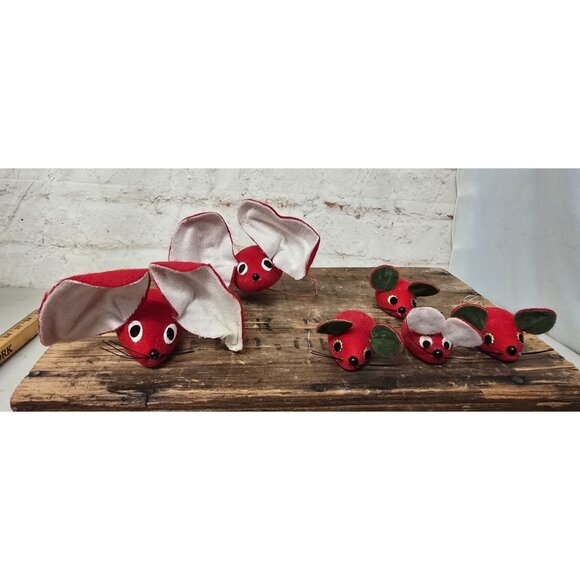 Other - Vintage lot of Christmas Red Felt Mice 6 pc Lot